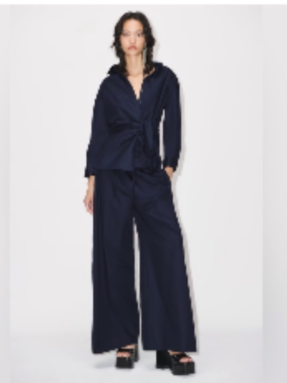 Zara SET Navy blue poplin Wide Leg Pants & Wrap asymmetrical shirt small classy